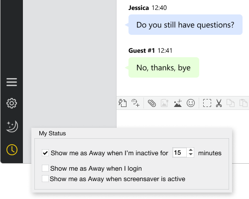 Activez l'option de détection d'inactivité pour ne jamais manquer un chat sur un ordinateur sans surveillance L'app peut changer le statut d'agent pour Absent sur certains événements