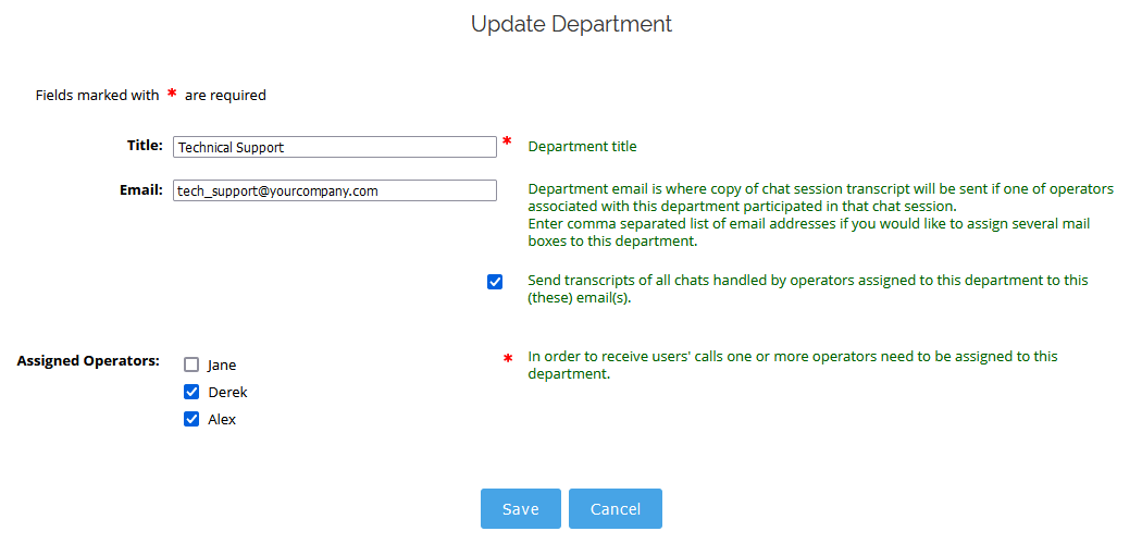 Screenshot of department-specific chat transcripts settings