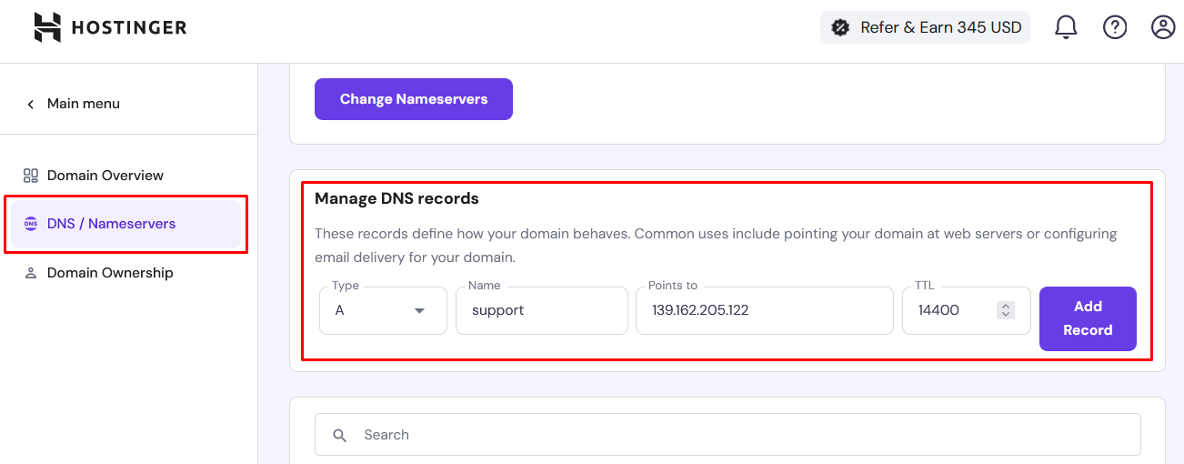 Screenshot of the Manage DNS records form in Hostinger admin panel