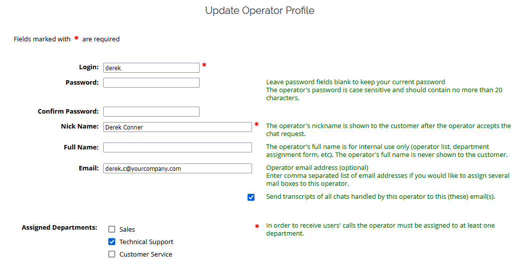 Screenshot of operator-specific chat transcripts settings