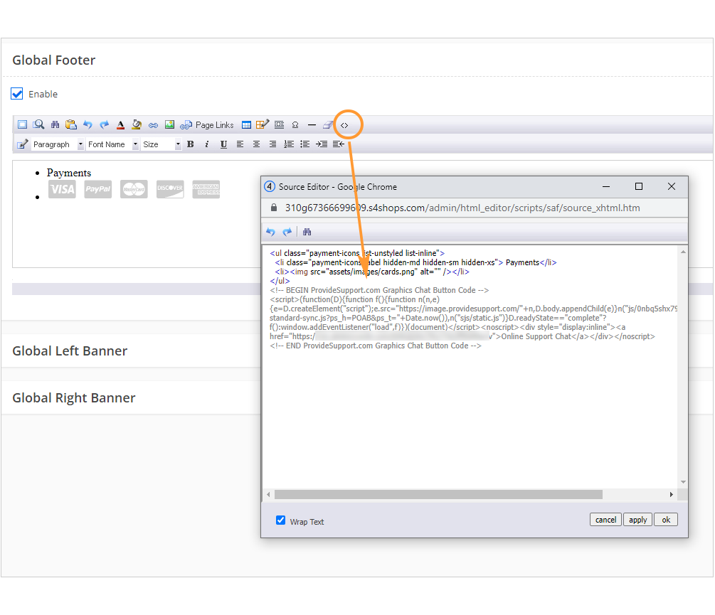 Screenshot of Shift4Shop global footer editor